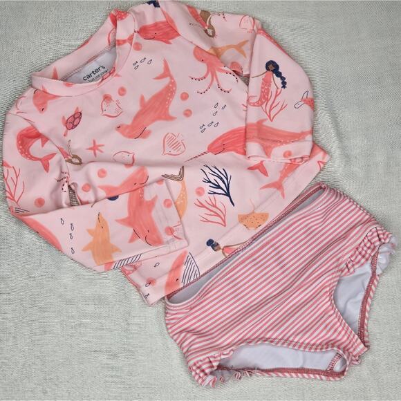Carter's Pink/Peach Whale Print Girls Long Sleeve Swim Set Size 18mo. - Picture 1 of 9